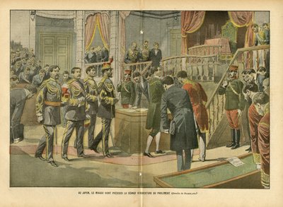 Illustration af Eugene Damblans (1865-1945) i Le Pelerin, 03/04/04 - I Japan præsiderer Mikado over åbningsmødet i parlamentet - Japan, Deputerethuset, Mikado, intern arkitektur - Mikado af Eugene Damblans