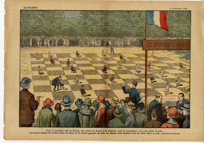 Illustration af Eugene Damblans (1865-1945) i Le Pelerin, 04/09/27 - For første gang i Frankrig, et spil damer... Live Checkerboard - Spil, Hobbyer, Crowd, Dam af Eugene Damblans