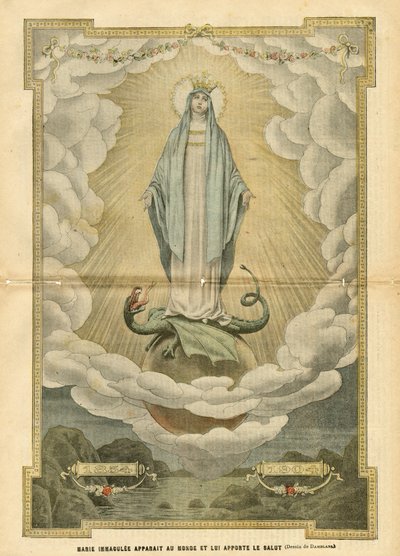 Illustration af Eugene Damblans (1865-1945) i Le Pelerin, 04/12/04 - Mary immaculee viser sig for verden og bringer frelse til den - Religion Tro, katolsk katolicisme - Immaculee undfangelse - Mary, Dragon - Skyer - Jorden af Eugene Damblans
