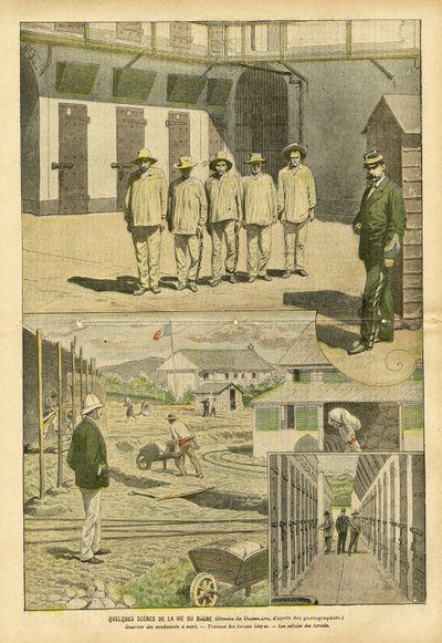 Illustration af Eugene Damblans (1865-1945) i Le Pelerin, 07/05/05 - Nogle scener fra bagnes liv - Fængsler, Bagnes, Arbejdsstyrker - Fanger, Fængselsbetjente af Eugene Damblans