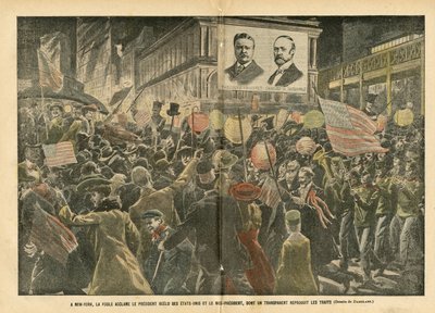 Illustration af Eugene Damblans (1865-1945) i Le Pelerin, 20/11/04 - I New York jubler publikum over den genvalgte præsident i USA og vicepræsidenten, hvis gennemsigtige gengiver træk - Amerika USA, Valg, Arkitektur Urbani af Eugene Damblans