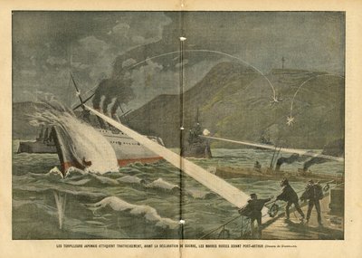 Illustration af Eugene Damblans (1865-1945) i Le Pelerin, 21/02/04 - Japansk torpedoangreb russiske skibe før krigserklæringen før krigserklæringen - Rusland, Japan, Maritime Marine Seaside, Port Arthur, russisk-japansk krig , Krigsskibe af Eugene Damblans