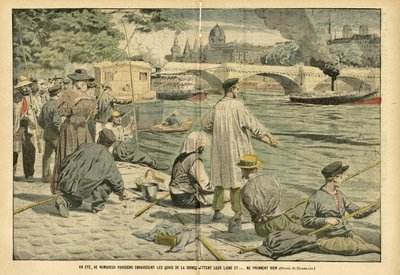 Illustration af Eugene Damblans (1865-1945) i Le Pelerin, 23/06/05 - Om sommeren invaderer mange parisere Seines breder og kaster deres line og... tager ingenting - Loisirs, Paris, Fishing Pecher Pecheur, Pont , Seine (flod), Ete, Peniche, Canne en fisk af Eugene Damblans