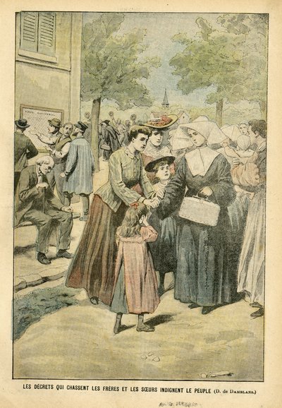 Illustration af Eugene Damblans (1865-1945) i Le Pelerin, 24/07/04 - Dekreter, der driver brødre og søstre ud, forarger folket - Undervisning, Religion Tro, folkemængde, katolsk katolicisme - Adskillelse af kirke og stat, udsættelse af religiøse, Undervise af Eugene Damblans