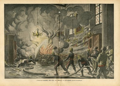 Illustration af Eugene Damblans (1865-1945) i Le Pelerin, 26/06/04 - Kirken Suresnes, nær Paris, brændes af apacherne - Diverse fakta, Religion Tro, Usikkerhed, Cathedrale Kirker, Brand, Suresnes, Katolsk Katolicisme - Apaches proxen af Eugene Damblans