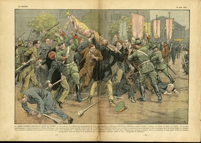 Illustration af Eugene Damblans (1865-1945) i Le Pelerin, 27/06/37 - Korset mod Kristi kors i Hitlertyskland - Tyskland Preussen, Religion Tro, Folkemængde, Kamp, Retning, Gammee Kors, Kristent Kors, Katolik Katolicisme - Solgt af Eugene Damblans