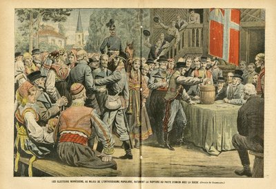 Illustration af Eugene Damblans (1865-1945) i Le Pelerin, 27/08/05 - De norske valg ratificerer under folkelig entusiasme bruddet af unionspagten med Sverige - Valg, Byarkitektur, Folkemængde, Sverige, Norge - Urne af Eugene Damblans