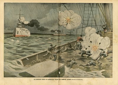 Illustration af Eugene Damblans (1865-1945) i Le Pelerin, 28/02/04 - De russiske krydsere af Vladivostok sænker en japansk transport - Armee, Maritime Marine Seaside, Russisk-Japansk krig, Krigsskibe, Vladivostok - Sømænd, sømænd af Eugene Damblans