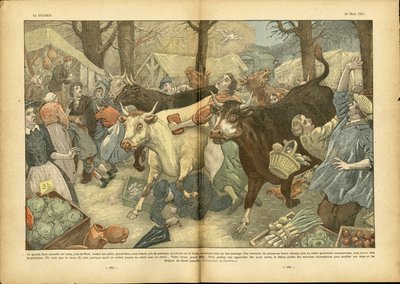 Illustration af Eugene Damblans (1865-1945) i Le Pelerin, 28/03/37 - Den store årlige messe i Lezay nær Niort - Diverse fakta, Økonomi, Crowd, Butikker, Landbrug, bælgplanter - Ko, Oksekød, Camelot rejsende sælger af Eugene Damblans