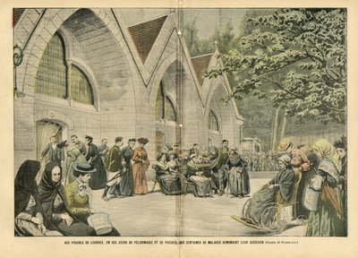 Illustration af Eugene Damblans (1865-1945) i Le Pelerin, 28/08/04 - Ved poolene i Lourdes, i disse dage med pelerinager og bønner, beder hundredvis af patienter om deres krig - Medicin, Religion Tro, Arkitektur Byplanlægning , katolsk katolik af Eugene Damblans