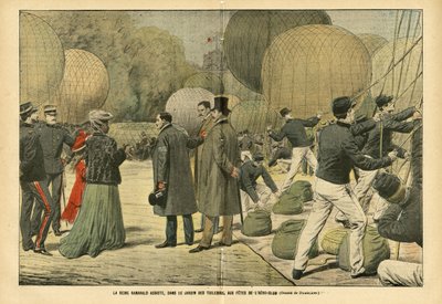 Illustration af Eugene Damblans (1865-1945) i Le Pelerin, 29/10/05 - Dronning Ranavalo deltager, i Tuileries Garden, i Aero-Club festen - Balloner luftskibe zeppelin aerostation, Paris, Madagaskar, Offentlig Have, Udenlandske Sovereigners, Tuilerier - Rana af Eugene Damblans