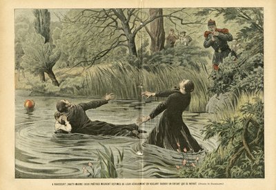 Illustration af Eugene Damblans (1865-1945) i Le Pelerin, 30/07/05 - I Riaucourt (Haute-Marne) dør to præster ofre for deres hengivenhed i forsøget på at redde et barn, der var druknet - Diverse fakta, Barndom, Maritime Marine Nautical Balneaire, Riviere af Eugene Damblans
