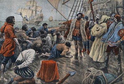 Illustration af besætningen på Ferdinand de Magellan, der sværger deres troskab til ham på et kors efter et mislykket mytteri - Fernand de Magellan (1480-1521), portugisisk navigatør dulmer en ophidselse af sit mandskab og efter at have tilgivet ham får ha af Eugene Damblans