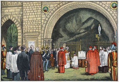 Foran "Grotto de Lourdes", i Vatikanets haver, velsignede pave Pius XI den første sten af Propagandakollegiet, som ville rejse sig på Janicule. Illustration af Damblans. I "Le Pelerin" af 3. juni af Eugene Damblans
