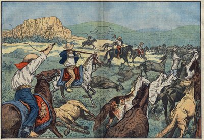 Mexicanske landmænd skyder vilde heste for at undgå madknasen i deres land. El Paso Plains, Mexico. Illustration af Damblans. I "" Le Pelerin"" af 6. oktober af Eugene Damblans