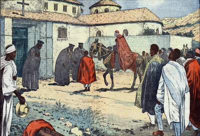 Monsignor Lepicier af Marias tjenereorden, ærkebiskop af Tarsus, blev modtaget i det koptiske kloster i Debre-Bizen i anledning af et apostolisk besøg i Abessinien (Etiopien). Illustration af Damblans. I "" Le Pelerin"" af 21. august af Eugene Damblans