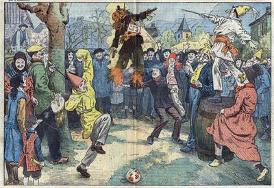 Gamle skikke: kremeringen af "" karneval", om aftenen Mardi Gras (Mardi-Gras), repræsenterer de fornøjelser og gode kære forladt ved tærsklen til Careme. Illustration af Damblans. I "" Le Pelerin"" af 16. marts af Eugene Damblans