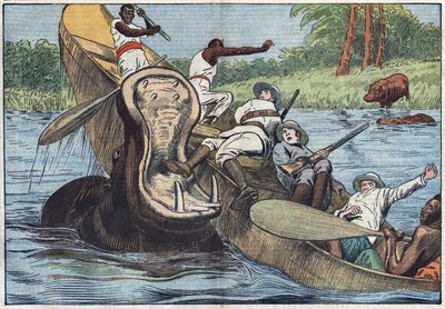 Ved Victoriasøen, Afrika, bliver en båd besat af anglikanske missionærer og oprindelige folk kæntret af en såret flodhest. Illustration af Damblans. I "" Le Pelerin"" af 16. maj af Eugene Damblans