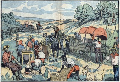 Befolkningsmigration i Afrika: 2000 boere forlader den portugisiske koloni Angola med transport til de mere frugtbare regioner i Sydafrika. Illustration af Damblans i "" Le Pelerin"" af 30. september af Eugene Damblans