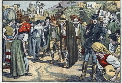 Røvere anholdt af det italienske fascistiske politi. Sicilien, Italien. Illustration af Damblans. I "" Le Pelerin"" af 14. februar af Eugene Damblans