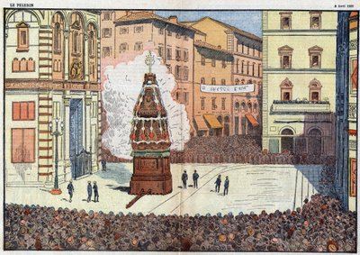 Scoppio del Carro (eksplosion af vognen) folkebegivenhed i byen Firenze - illustration af Damlans fra april 1928 af Eugene Damblans