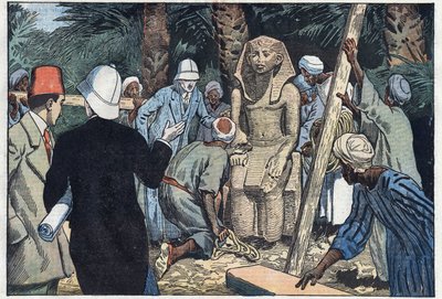 Den franske arkæolgiske mission opdager en statue af Sesostris III teenager, som vil blive bragt til Louvre. Medamoud, oldtidens Theben, Egypten. Illustration af Damblans. I "" Le Pelerin"" af 22. november af Eugene Damblans