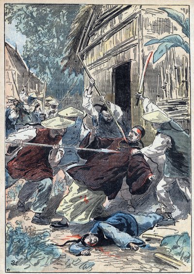 Den franske præst Berthollet (1865-1898), præst for udenrigsmissionerne, blev myrdet af kinesiske nationalgarde nær byen Yun Ngan Cheou (Yun-Ngan-Cheou) den 21. april 1898. Illustration af Damblans i "" Le Pelerin" ” af 10. juli af Eugene Damblans