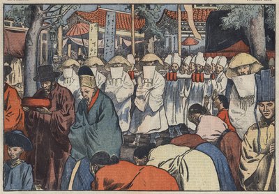 Begravelsen af den tidligere kejser af Korea, prins Yi. Man kan se katafalken ved døren til paladset i Seoul, mens Aigos eller "Cereers Coreens" begræder prinsens død. Seoul, Korea. Illustration af Damblans. I "" Le Pelerin"" fra juli af Eugene Damblans
