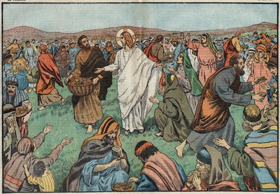 Brødenes formering: Ved bredden af Tiberiad-søen tilfredsstillede Jesus Kristus (Jesus Kristus) befolkningen ved at gange fem bygbrød og to fisk. Illustration af Damblans. I "" Le Pelerin"" af 18. marts af Eugene Damblans