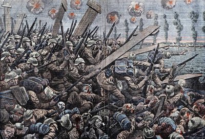 Krig 1914-1918. Belgiens front 1914. Tyske soldater på Yser. Tegning af Damblans. af Eugene Damblans