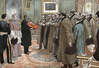 delegerede fra Andorre-republikken med biskop af Urgel, der aflægger lydighedsed til Frankrig, illustration af Damblans fra papiret "Le Pelerin" 3. maj af Eugene Damblans