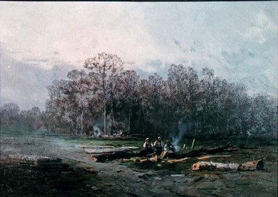 Misty Landscape with Woodcutters (olie på lærred) af Eugene Deshayes