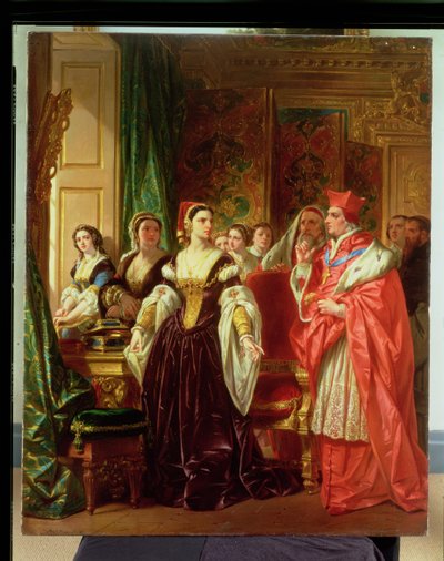 En scene fra Shakespeares Henry VIII; Kardinal Wolsey og Catherine af Aragon, 1858 af Eugene Deveria