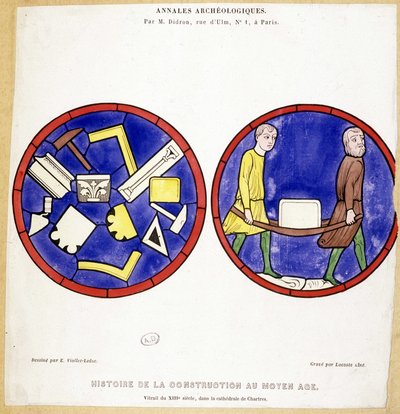 Bygningshistorie i middelalderen: Fac-lignelse af glasmosaikvinduer fra det 13. århundrede i Cathedrale de Chartres - Tegning af Eugene Viollet-le-Duc (Viollet le Duc) (1814-1879) og med flere makoniske symboler. af Eugene Emmanuel (after) Viollet le Duc
