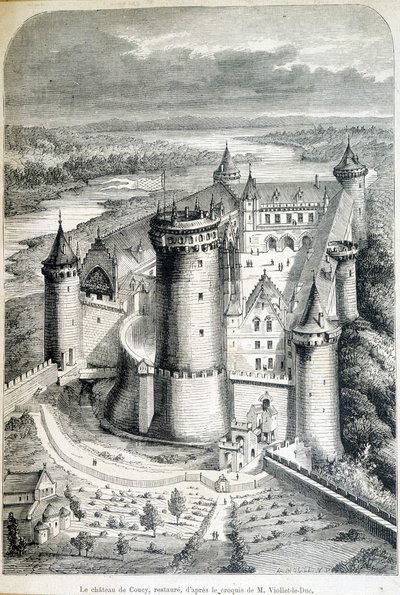 Le chateau de Coucy, restaureret - gravering fra skitsen//af Eugene Viollet-le-Duc (Viollet le Duc) (1814-1879) - "" Le Monde illustrious""" af 8/05/1858. af Eugene Emmanuel (after) Viollet le Duc