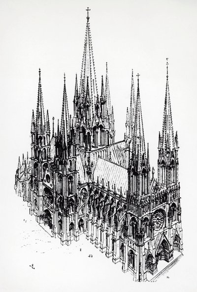 Isometrisk visning af den ideelle katedral, tegning af Eugene Emmanuel Viollet-le-Duc (1814-1879) fra Dictionary of French Architecture fra 11. til 16. århundrede af Eugene Emmanuel Viollet le Duc