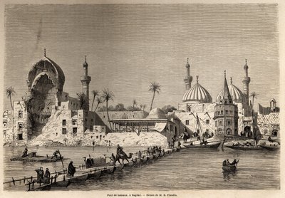 En bådebro i Bagdad, tegning af Eugene Flandin (1809-1876), for at illustrere hans rejse til Mesopotamien i 1840-1842. Stik i “” Le tour du monde”” 1861. Selvas samling. af Eugene Flandin