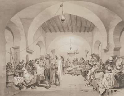 Cafe du Divan, Algier, fra et bind til minde om den franske ekspeditionsstyrke, der erobrede Algier i 1830, indgraveret af Adolphe Jean-Baptiste Bayot (1810-66) af Eugene Flandin