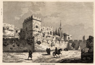 De store mestres palads på Rhodos, tegning af Eugene Flandin, for at illustrere hans rejse til øen Rhodos i 1844. Indgravering i "" Le tour du monde"", redigeret af Edouard Charton af Eugene Flandin