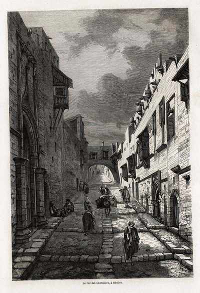 Rue des chevaliers, på Rhodos, tegning af Eugene Flandin, for at illustrere hans rejse til øen Rhodos i 1844. Indgravering i "" Le tour du monde"", redigeret af Edouard Charton af Eugene Flandin