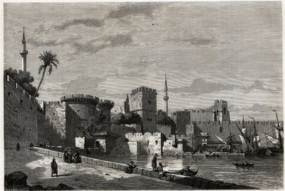 Udsigten over Rhodos havn og Aubussons port, tegning af Eugene Flandin, for at illustrere hans rejse til øen Rhodos i 1844. Indgravering i "" Le tour du monde"", redigeret af Edouard Charton af Eugene Flandin