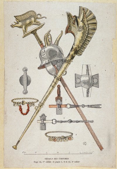 Tilbehør til den galliske kriger: banner, der dekorerer en saglier lærer, hjelmen og krigshornet (carnyx) - i "" Illustrous Teaching Cahiers, krigsdragter fra bronzealderen og galliske tidsalder"", red Grasset af Eugene Grasset