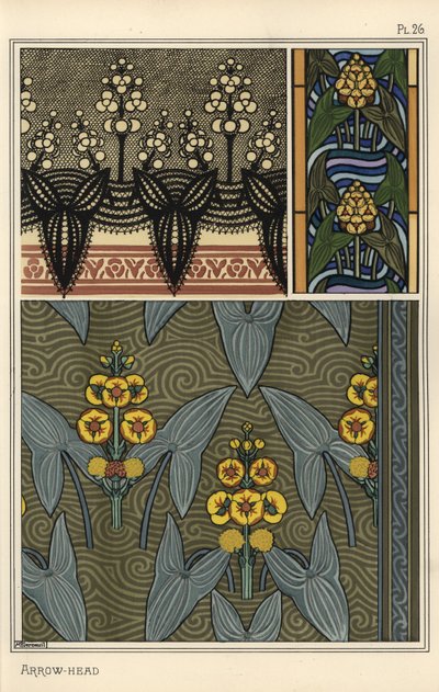 Pilespids, Sagittaria sagittifolia, som designmotiv i broderi, farvet glas og stofmønstre af Eugene Grasset