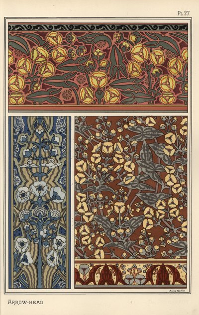Pilespids, Sagittaria sagittifolia, som designmotiv i tapet- og stofmønstre af Eugene Grasset