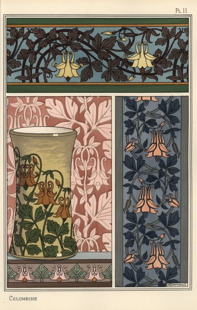 Akelejeblomst, Aquilegia vulgaris, i mønstre til tapet, stof og vase af Eugene Grasset