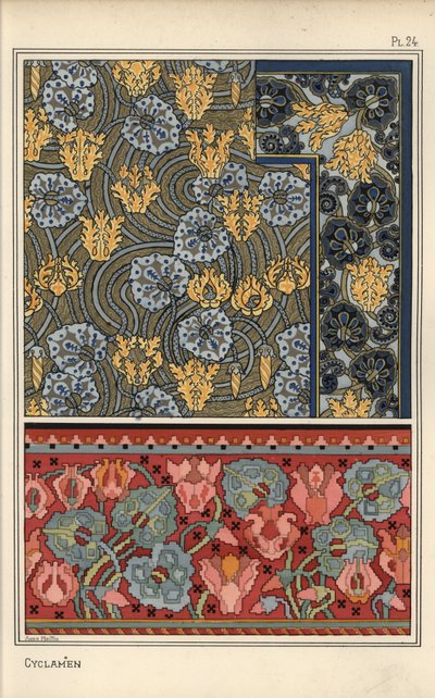 Cyclamen persicum plante som motiv i designs til gobelin, stof og tapet. Litografi af Anna Martin af Eugene Grasset