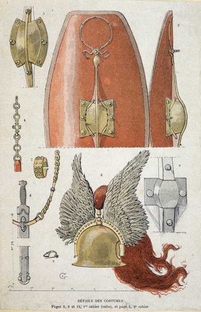 Detaljer om gallisk krigerdragt - i "" Illustrous Teaching Cahiers, War Costumes of the Bronze Age and the Gallish Age"", red. Græssæt af Eugene Grasset