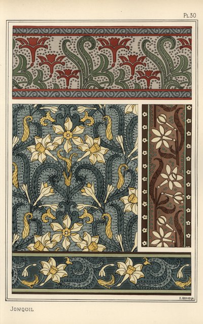 Jonquil, Narcissus jonquilla, som designmotiv i tapet- og stofmønstre af Eugene Grasset