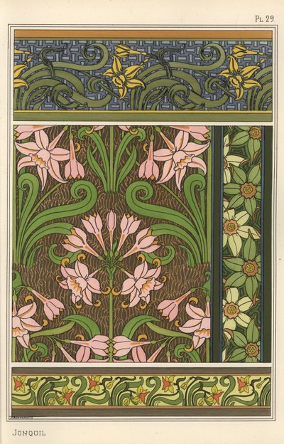 Jonquil, Narcissus jonquilla, som designmotiv i tapet- og stofmønstre af Eugene Grasset