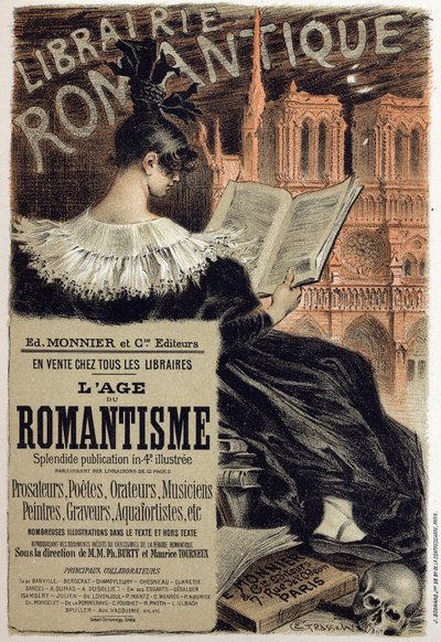 Litteratur. Librairie romantique (Romantisk boghandel.) Plakat af Eugene Grasset for redaktøren Monnier, Frankrig, ca. 1890 Coll. En del. (plakat) af Eugene Grasset
